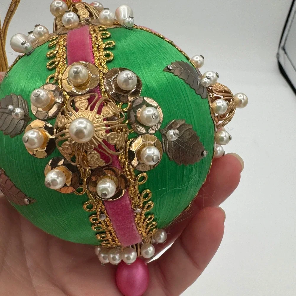 Vintage Handmade Satin Christmas Ornaments Green Pink Velvet Pearls Jewels Set 2
